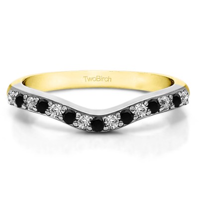 0.5 Ct. Black and White Fifteen Stone Delicate Curved Wedding Ring in Two Tone Gold