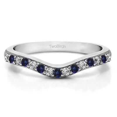 0.24 Ct. Fifteen Stone Delicate Curved Wedding Ring With Sapphire And Diamonds(G,I2) Mounted in Sterling Silver.(Size 5.5)