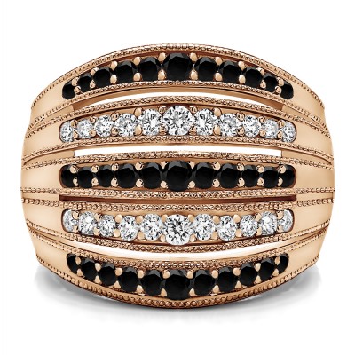 0.52 Carat Black and White Large Domed Milgrained Anniversary Band in Rose Gold