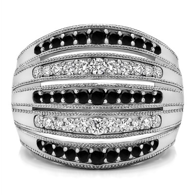 0.52 Carat Black and White Large Domed Milgrained Anniversary Band in Two Tone Gold
