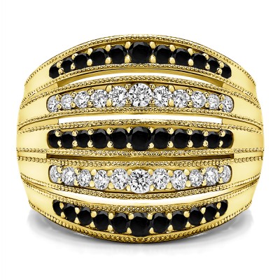 0.52 Carat Black and White Large Domed Milgrained Anniversary Band in Yellow Gold