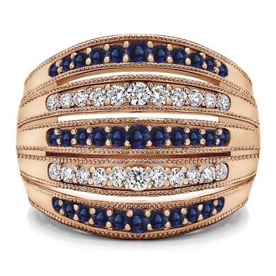 0.52 Carat Sapphire and Diamond Large Domed Milgrained Anniversary Band in Rose Gold