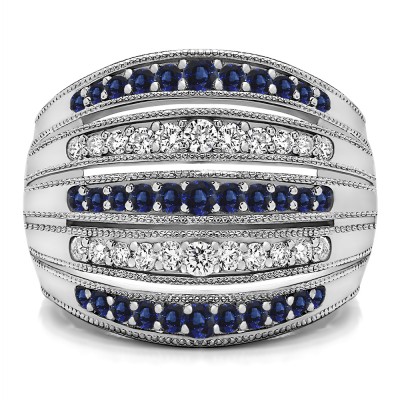 0.52 Carat Sapphire and Diamond Large Domed Milgrained Anniversary Band in Two Tone Gold