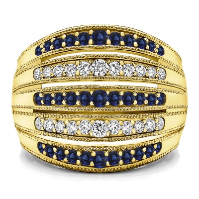 0.52 Carat Sapphire and Diamond Large Domed Milgrained Anniversary Band in Yellow Gold