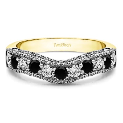 0.5 Ct. Black and White Vintage Filigree & Milgrained Curved Wedding Band in Two Tone Gold