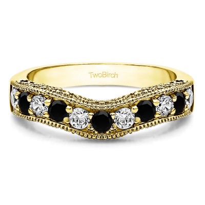 0.5 Ct. Black and White Vintage Filigree & Milgrained Curved Wedding Band in Yellow Gold
