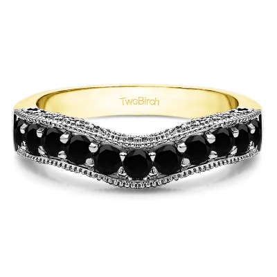 1 Ct. Black Vintage Filigree & Milgrained Curved Wedding Band in Two Tone Gold
