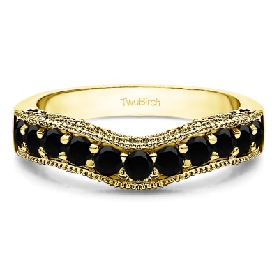 1 Ct. Black Vintage Filigree & Milgrained Curved Wedding Band in Yellow Gold
