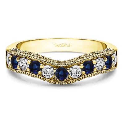 1 Ct. Sapphire and Diamond Vintage Filigree & Milgrained Curved Wedding Band in Yellow Gold