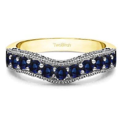 0.75 Ct. Sapphire Vintage Filigree & Milgrained Curved Wedding Band in Two Tone Gold