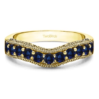 0.75 Ct. Sapphire Vintage Filigree & Milgrained Curved Wedding Band in Yellow Gold
