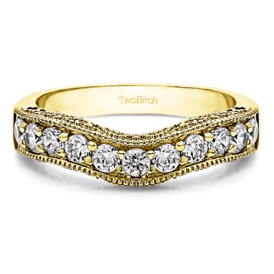 0.75 Ct. Vintage Filigree & Milgrained Curved Wedding Band in Yellow Gold