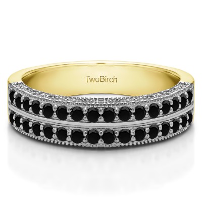 0.31 Carat Black Double Row Vintage Filigree Millgrained Wedding Band  in Two Tone Gold