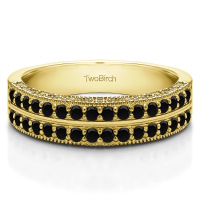 0.48 Carat Black Double Row Vintage Filigree Millgrained Wedding Band  in Yellow Gold