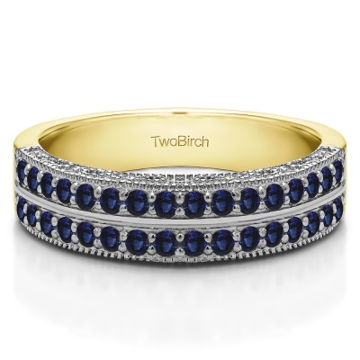 0.31 Carat Sapphire Double Row Vintage Filigree Millgrained Wedding Band  in Two Tone Gold