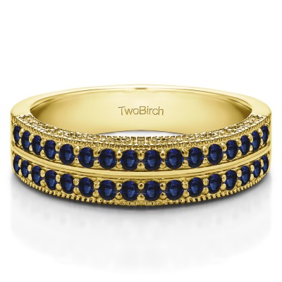 0.31 Carat Sapphire Double Row Vintage Filigree Millgrained Wedding Band  in Yellow Gold