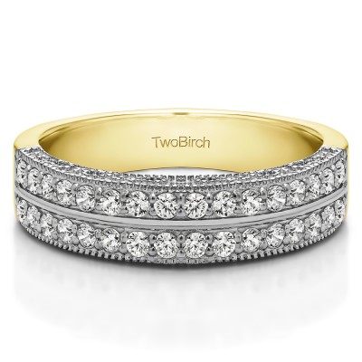 0.31 Carat Double Row Vintage Filigree Millgrained Wedding Band  in Two Tone Gold