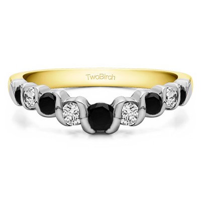 0.75 Ct. Black and White Nine Stone Contoured Twirl Wedding Ring in Two Tone Gold
