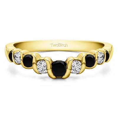 0.75 Ct. Black and White Nine Stone Contoured Twirl Wedding Ring in Yellow Gold