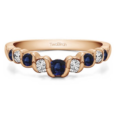 0.25 Ct. Sapphire and Diamond Nine Stone Contoured Twirl Wedding Ring in Rose Gold