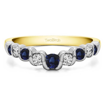 0.75 Ct. Sapphire and Diamond Nine Stone Contoured Twirl Wedding Ring in Two Tone Gold