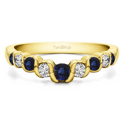 0.75 Ct. Sapphire and Diamond Nine Stone Contoured Twirl Wedding Ring in Yellow Gold