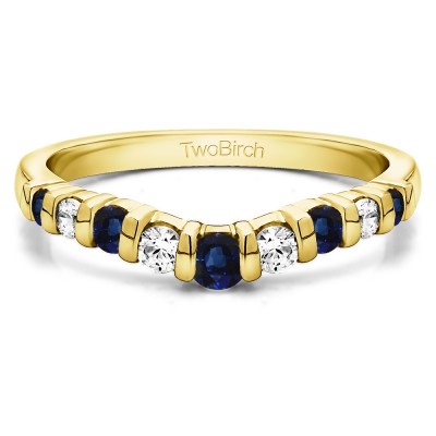 0.42 Ct. Sapphire and Diamond Nine Stone Bar Set Contour Tracer Band in Yellow Gold