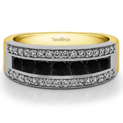 1.06 Carat Black and White Three Row Channel and Prong Set Anniversary Ring  in Two Tone Gold