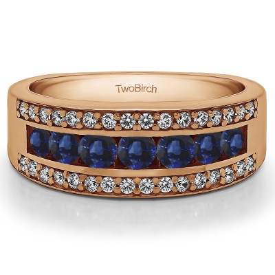 1.06 Carat Sapphire and Diamond Three Row Channel and Prong Set Anniversary Ring  in Rose Gold