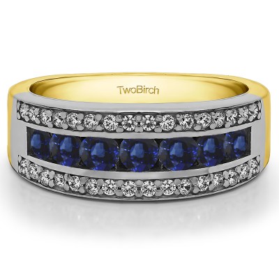 1.06 Carat Sapphire and Diamond Three Row Channel and Prong Set Anniversary Ring  in Two Tone Gold