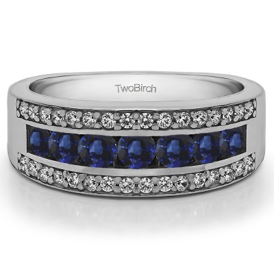 1.06 Carat Sapphire and Diamond Three Row Channel and Prong Set Anniversary Ring