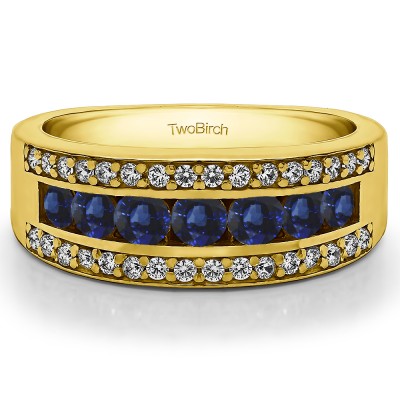 1.06 Carat Sapphire and Diamond Three Row Channel and Prong Set Anniversary Ring  in Yellow Gold