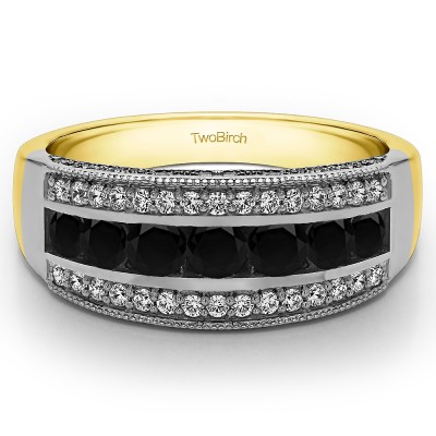 0.98 Carat Black and White Pave Set Filigree Three Row Anniversary Band  in Two Tone Gold