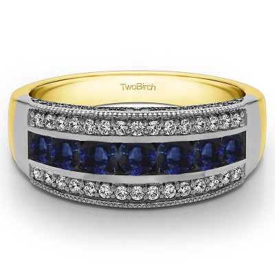 0.98 Carat Sapphire and Diamond Pave Set Filigree Three Row Anniversary Band  in Two Tone Gold