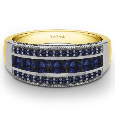 0.98 Carat Sapphire Pave Set Filigree Three Row Anniversary Band  in Two Tone Gold