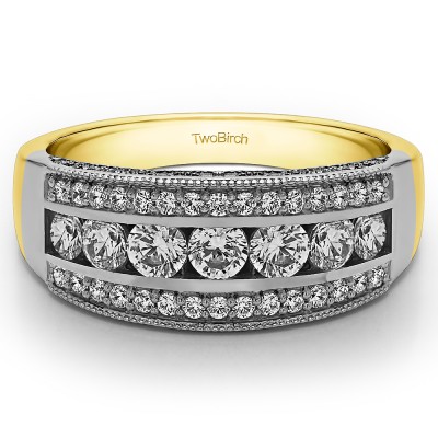 0.98 Carat Pave Set Filigree Three Row Anniversary Band  in Two Tone Gold