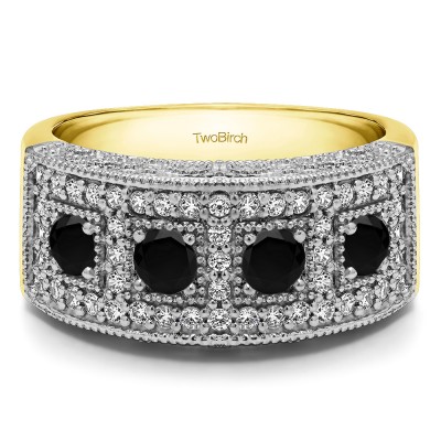 1.01 Carat Black and White Vintage Pave Set Anniversary Ring in Two Tone Gold