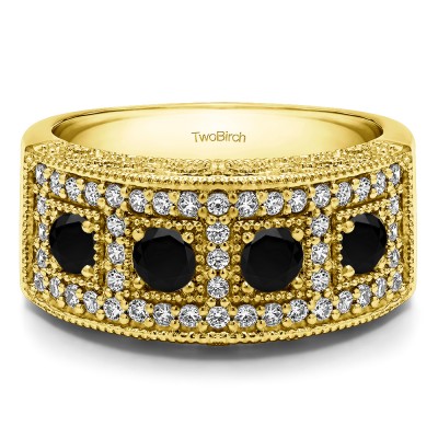 1.01 Carat Black and White Vintage Pave Set Anniversary Ring in Yellow Gold