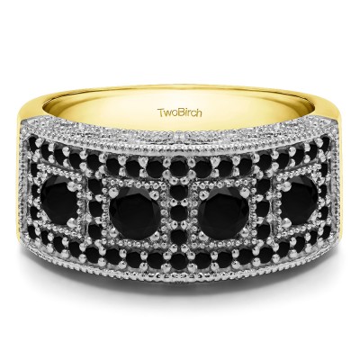 1.01 Carat Black Vintage Pave Set Anniversary Ring in Two Tone Gold