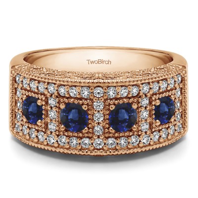 1.01 Carat Sapphire and Diamond Vintage Pave Set Anniversary Ring in Rose Gold