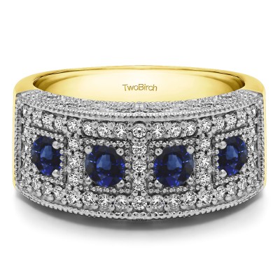 1.01 Carat Sapphire and Diamond Vintage Pave Set Anniversary Ring in Two Tone Gold