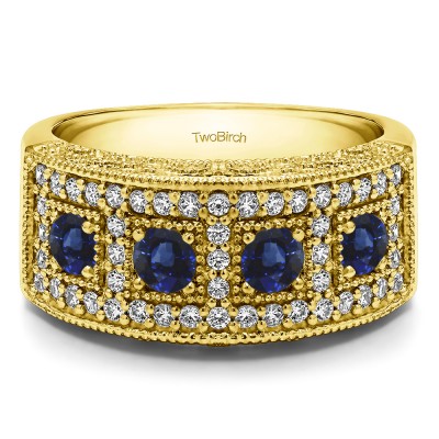 1.01 Carat Sapphire and Diamond Vintage Pave Set Anniversary Ring in Yellow Gold