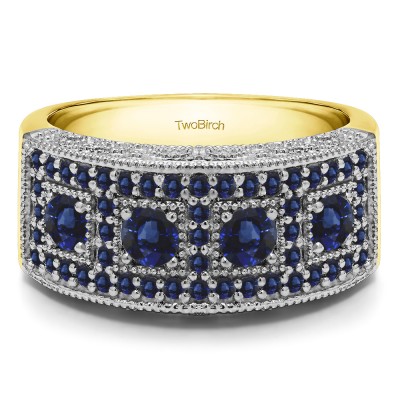 1.01 Carat Sapphire Vintage Pave Set Anniversary Ring in Two Tone Gold