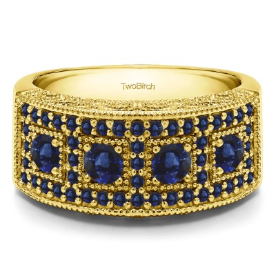 1.01 Carat Sapphire Vintage Pave Set Anniversary Ring in Yellow Gold