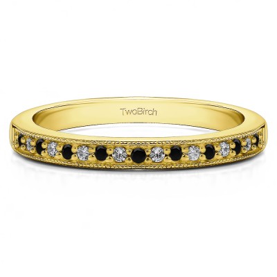 0.26 Carat Black and White Seventeen Stone Millgrained Pave Set Wedding Ring  in Yellow Gold