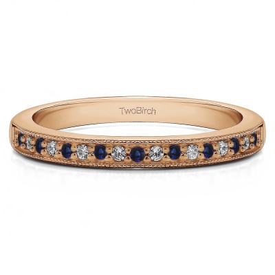 0.26 Carat Sapphire and Diamond Seventeen Stone Millgrained Pave Set Wedding Ring  in Rose Gold