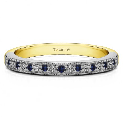 0.26 Carat Sapphire and Diamond Seventeen Stone Millgrained Pave Set Wedding Ring  in Two Tone Gold