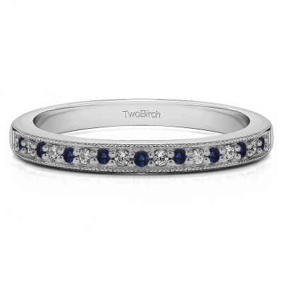 0.26 Carat Sapphire and Diamond Seventeen Stone Millgrained Pave Set Wedding Ring