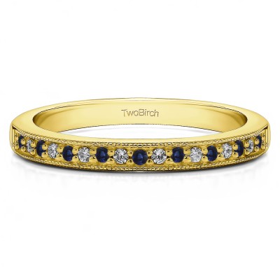 0.26 Carat Sapphire and Diamond Seventeen Stone Millgrained Pave Set Wedding Ring  in Yellow Gold