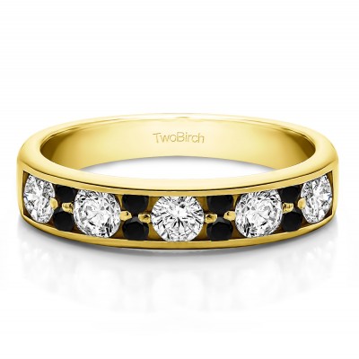 0.76 Carat Black and White Alternating Large and Small Round Stone Wedding Ring  in Yellow Gold